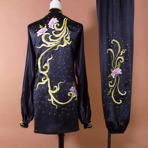 Black with Embroidered flower Tai Chi Clothing for women Chinese Kung fu uniforms for female group wushu performance competition suit morning exercise wear